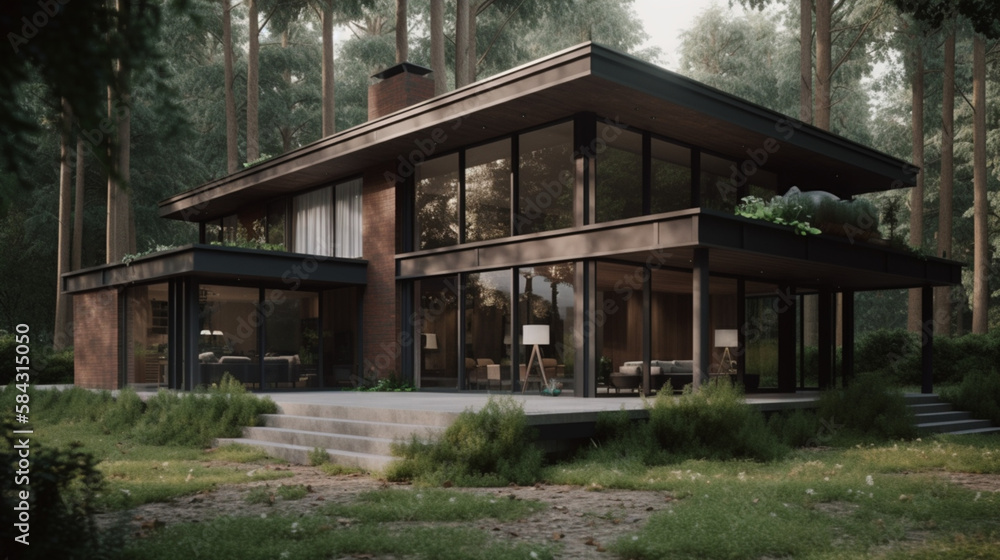 Modern house with a flat roof in a picturesque setting. Generative AI Modern house with a flat roof in a picturesque setting. Generative AI