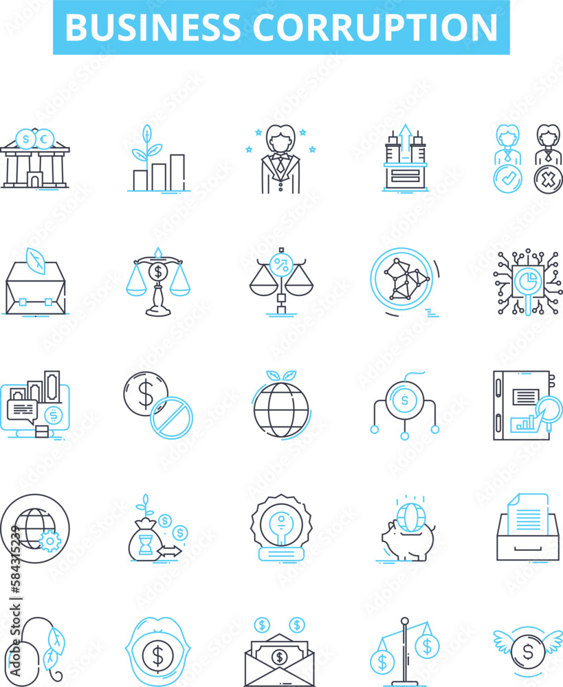 Business corruption vector line icons set. Bribery, Fraud, Embezzlement, Extortion, Collusion, Rigging, Monopoly illustration outline concept symbols and signs