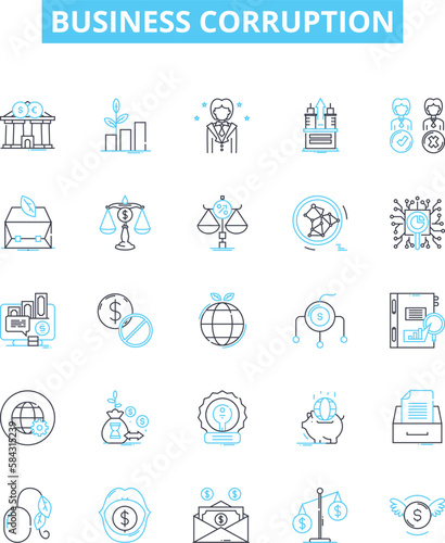 Business corruption vector line icons set. Bribery, Fraud, Embezzlement, Extortion, Collusion, Rigging, Monopoly illustration outline concept symbols and signs