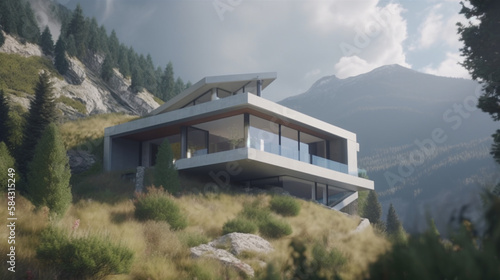 Modern house with a flat roof in a picturesque setting. Generative AI © House