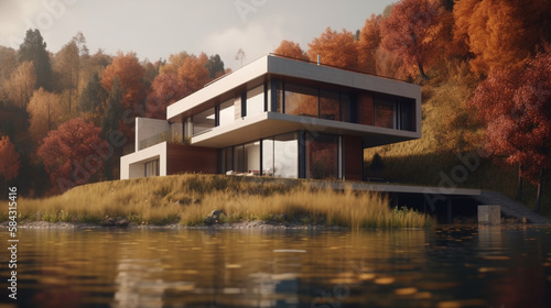Modern house with a flat roof in a picturesque setting. Generative AI