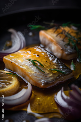 Herring fillets in oil. Served with onion. (generative ai)