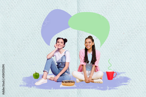 Collage creative design of two chilling young girls sitting conversation chatterbox picnic eat donut drink cup coffee isolated on blue background