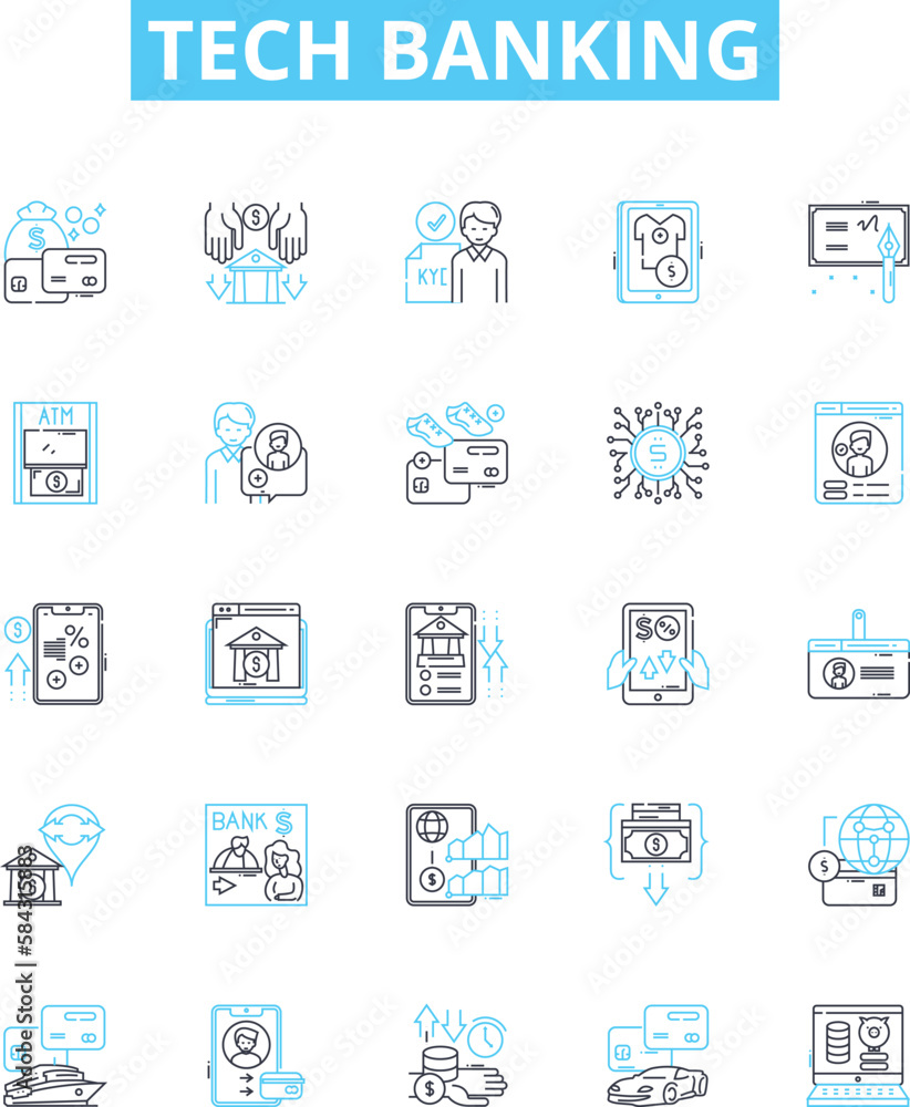Tech banking vector line icons set. Tech banking Online, Mobile, Security, Fraud, Digital, Payments, ATM illustration outline concept symbols and signs Tech banking vector line icons set. Tech banking Online, Mobile, Security, Fraud, Digital, Payments, ATM illustration outline concept symbols and signs