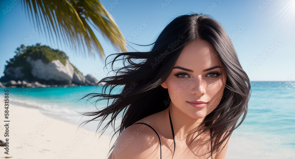 Portrait of a beautiful woman in a bikini on the ocean against the backdrop of palm trees. The girl looks directly into the frame on the beach. Generative AI Portrait of a beautiful woman in a bikini on the ocean against the backdrop of palm trees. The girl looks directly into the frame on the beach. Generative AI