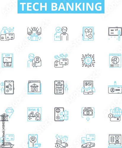 Tech banking vector line icons set. Tech banking Online, Mobile, Security, Fraud, Digital, Payments, ATM illustration outline concept symbols and signs
