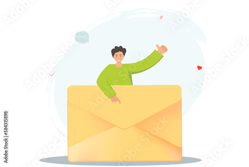 Man happy with received e-mail, admitting the documents, receiving positive answer, getting incoming letter by e-mail with admitted documents, hiring people on work concept, flat vector