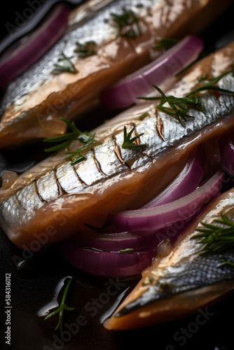 Herring fillets in oil. Served with onion. (generative ai)
