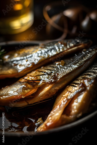 Herring fillets in oil. Served with onion. (generative ai)