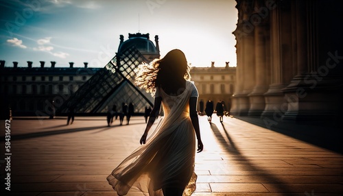 casual woman travel walking to paris louvre sunset moment travel concept, image ai generate photo