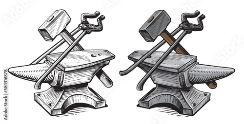 Blacksmith craft concept. Anvil, hammer, tongs. Metal working tools. Hand drawn sketch vintage vector illustration