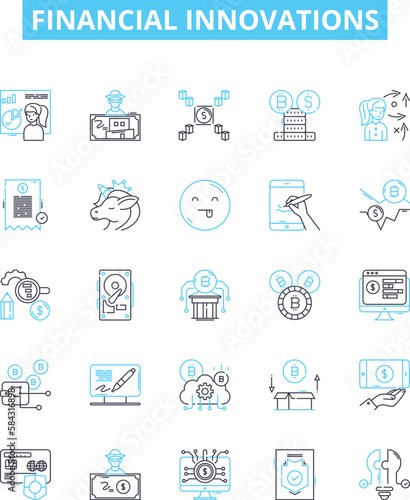 Financial innovations vector line icons set. Investment, Lending, Crowdfunding, Banking, Payments, Insurtech, Cryptocurrency illustration outline concept symbols and signs