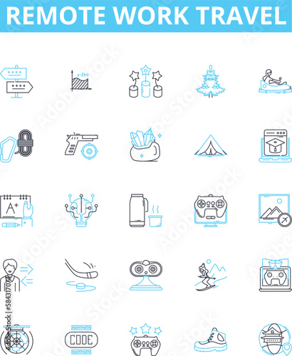 Remote work travel vector line icons set. Remote, Work, Travel, Remote-Work, Work-Travel, Telecommuting, Virtual illustration outline concept symbols and signs