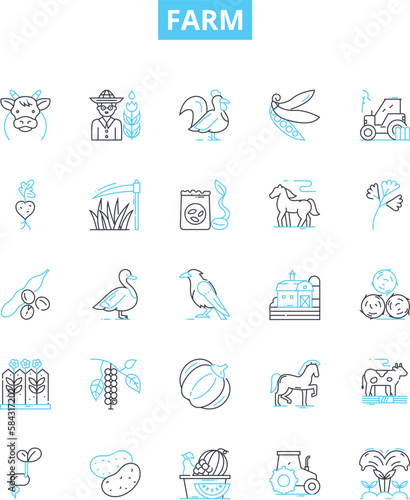 Farm vector line icons set. Farm, Agriculture, Crops, Livestock, Harvest, Fields, Tillage illustration outline concept symbols and signs