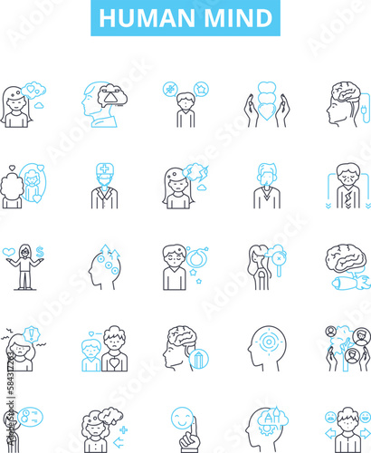 Human mind vector line icons set. Thought, Intellect, Psychoanalysis, Consciousness, Cognition, Memory, Imagination illustration outline concept symbols and signs
