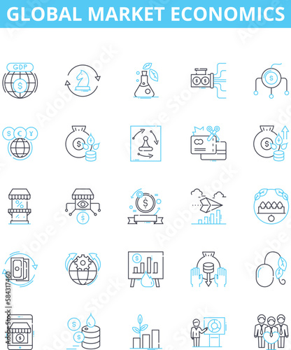 Global market economics vector line icons set. Global, Market, Economics, International, Trade, Investment, Financial illustration outline concept symbols and signs