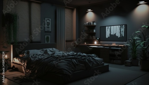 a beautiful bedroom with a dark atmosphere with led lights