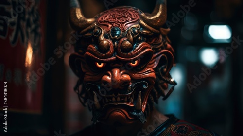 Chinese dragon mask in temple background, high detailed old traditional mask, red devil demon asia, realistic 3D head, generative ai © Anna Elizabeth
