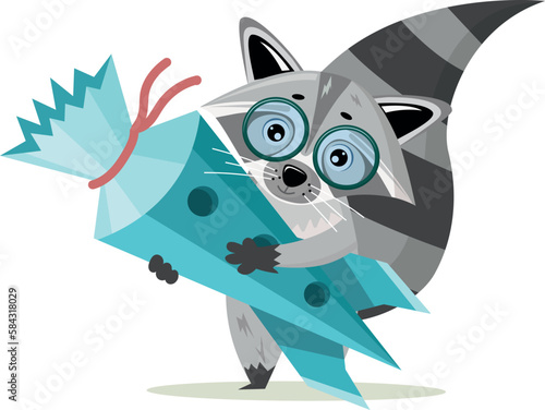 Back to school. Cartoon cute racoon goes to school with school cone. Vector illustration