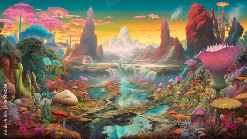 an incredible landscape filled with life and lush nature. fantasy world. generative ai.