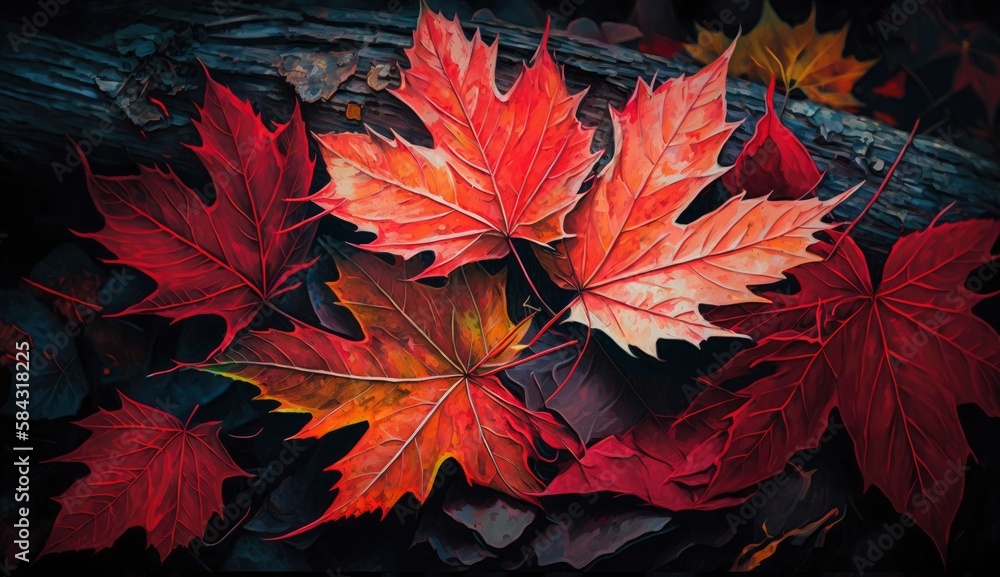 Red autumn maple leaves laying on the forest ground, Generate Ai Red autumn maple leaves laying on the forest ground, Generate Ai