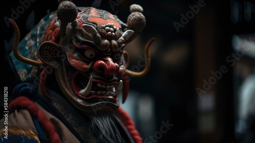 Chinese dragon mask in temple background, high detailed old traditional mask, red devil demon asia, realistic 3D head, generative ai
