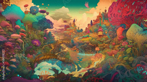 an incredible landscape filled with life and lush nature. fantasy world. generative ai.