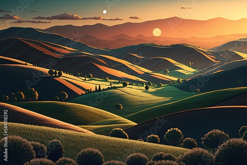 sunset over the mountainsn illustration. Generative AI. photo