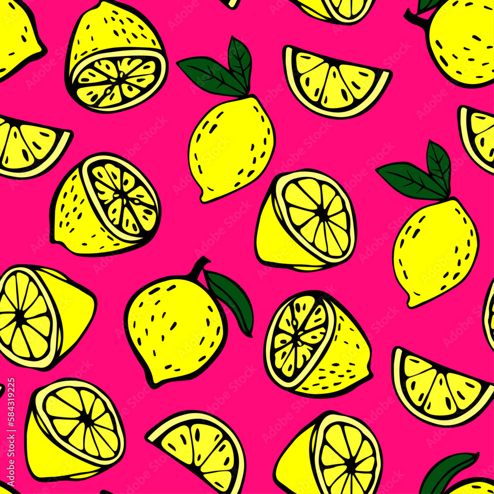 Vector seamless decorative pattern with lemons on vibrant pink background. Graphic doodle sketch lemons modern pattern Vector seamless decorative pattern with lemons on vibrant pink background. Graphic doodle sketch lemons modern pattern