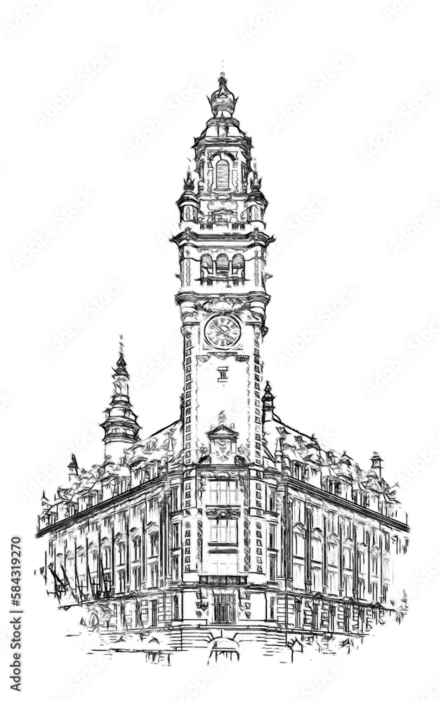 Historic building with a clock tower in Lille, France, pencil style sketch illustration.