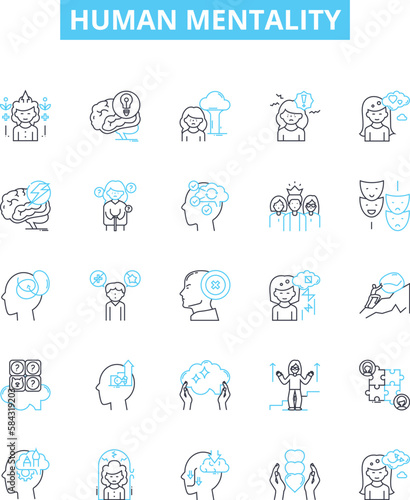 Human mentality vector line icons set. Mindset, Attitude, Perception, Cognition, Reasoning, Thought, Psychology illustration outline concept symbols and signs