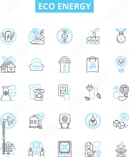 Eco energy vector line icons set. Eco-energy, Sustainable, Renewable, Solar, Wind, Hydro, Biomass illustration outline concept symbols and signs