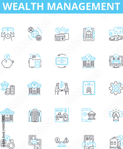 Wealth management vector line icons set. Wealth, Management, Investment, Portfolio, Finance, Security, Planning illustration outline concept symbols and signs