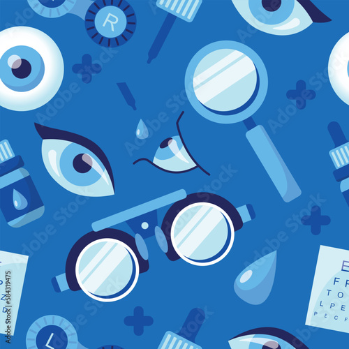 Ophthalmology seamless pattern . Optometrist Eyesight. Optical Test for Eyes. Good Vision and Care. Ophthalmological Sight Examination and Treatment. Illustration isolated on background