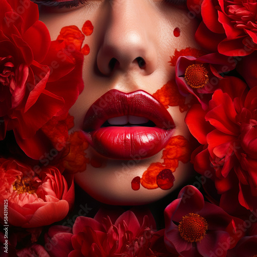 Face of a beautiful woman with lips with red lipstick framed with bright scarlet flowers peonies roses petals. Fashion makeup skin care female health AI generated