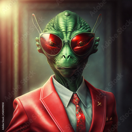 Alien wears an office suit with a business style.AI