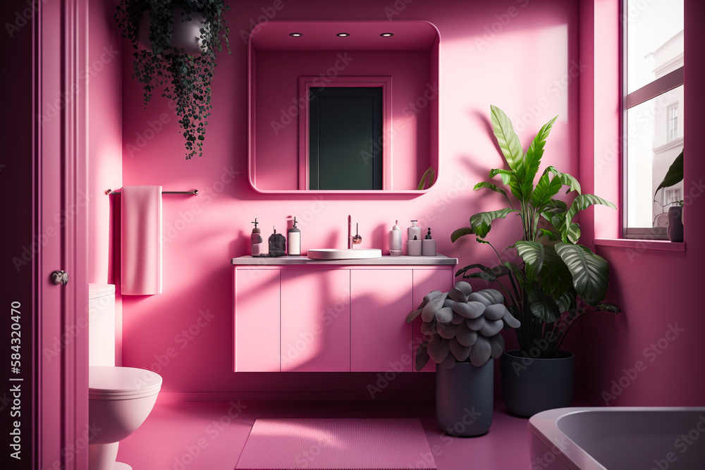 Modern bathroom interior design,Bathroom with blind dark pink wall ...