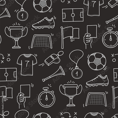 Soccer doodle seamless pattern. Football goal, award cup, whistle hand drawn line doodle sketch style equipment icon. Vector illustration