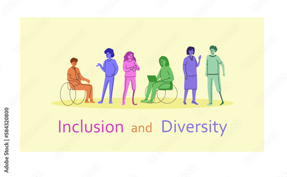 Multiethnic people spend time together. People with disabilities work, communicate. The concept of inclusion and diversity. Multiethnic people spend time together. People with disabilities work, communicate. The concept of inclusion and diversity.