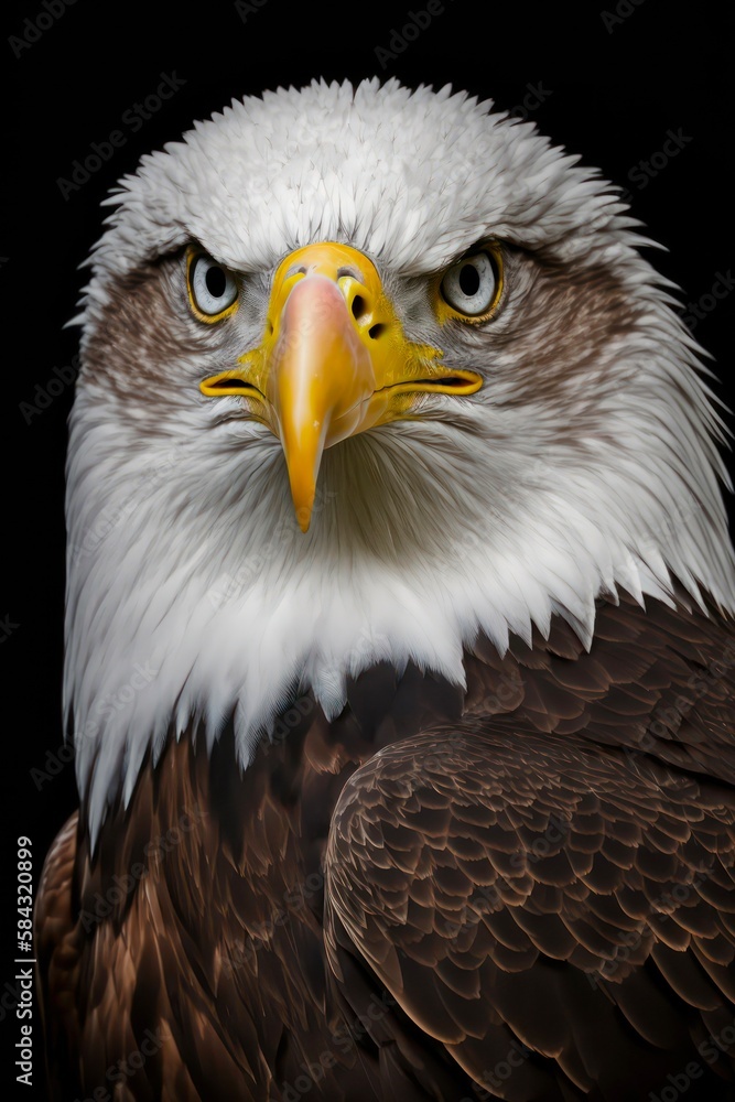 Close-up portrait of a bald eagle on black background. Generative AI. Close-up portrait of a bald eagle on black background. Generative AI.