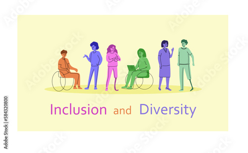 Multiethnic people spend time together. People with disabilities work, communicate. The concept of inclusion and diversity.