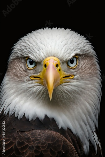 Close-up portrait of a bald eagle on black background. Generative AI.