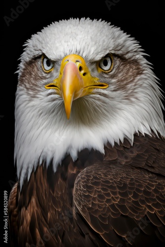 Close-up portrait of a bald eagle on black background. Generative AI.