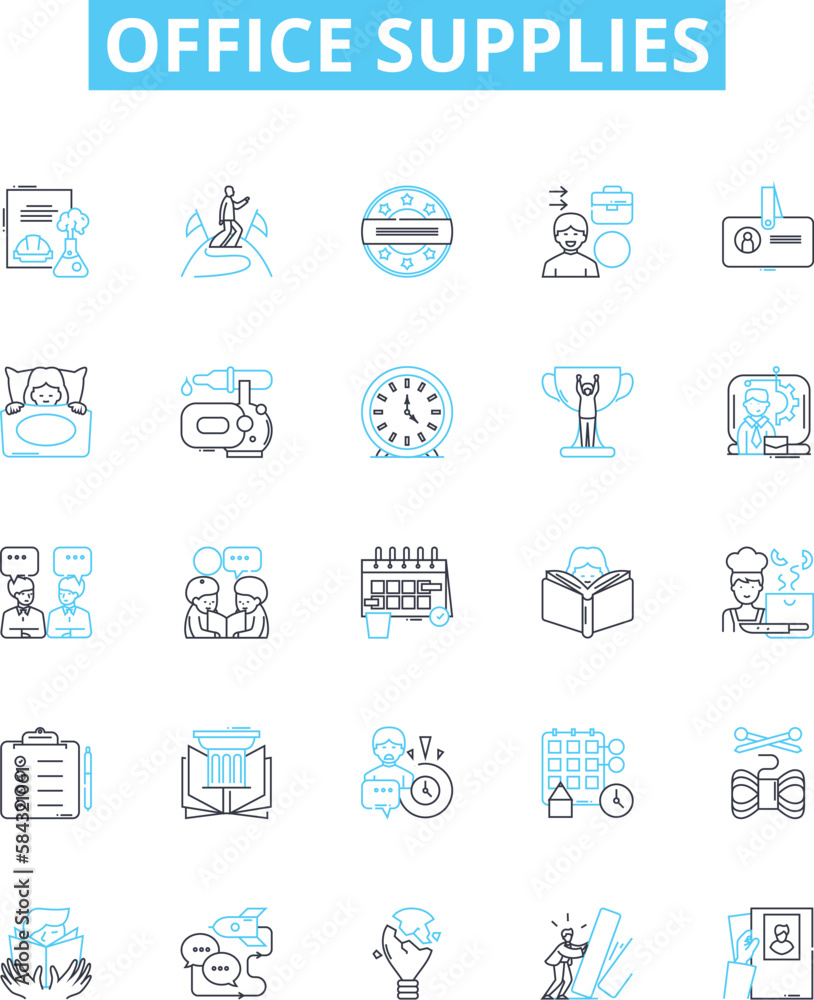 Office supplies vector line icons set. Stationery, Paper, Pencils, Pens, Envelopes, Folders, Post-it illustration outline concept symbols and signs