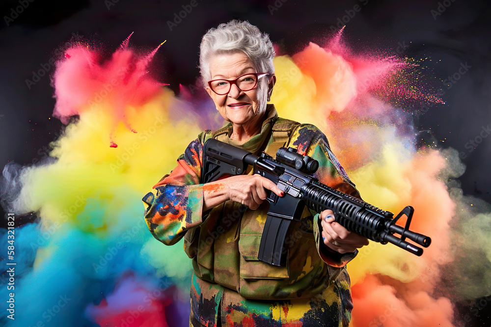 AI illustration of a funny grandma with a weapon