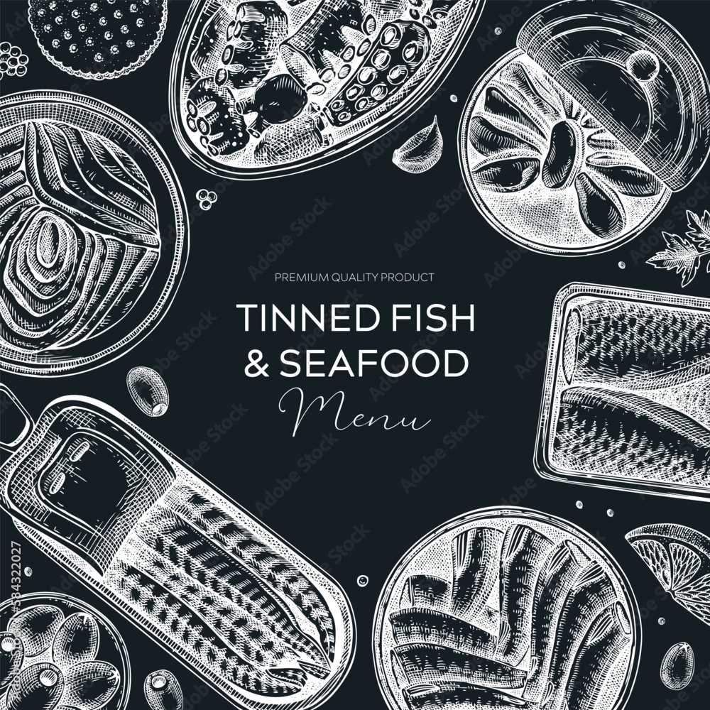 Tinned fish table design. Handdrawn seafood restaurant frame in sketch