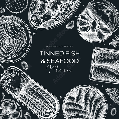 Tinned fish table design. Hand-drawn seafood restaurant frame in sketch style. Canned fish and shellfish on a chalkboard. Vintage sardines, caviar, mackerel, tuna, mussels vector food illustration