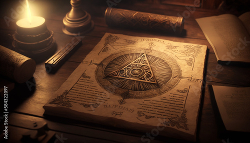 Mysterious ancient illuminati occult manuscript on wooden table created with Generative AI photo