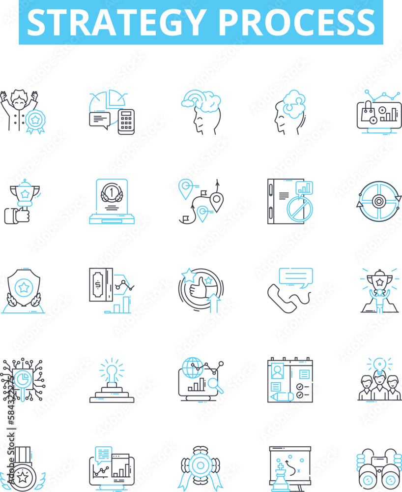 Strategy process vector line icons set. Planning, Analysis, Execution, Decision-Making, Allocation, Prioritization, Alignment illustration outline concept symbols and signs