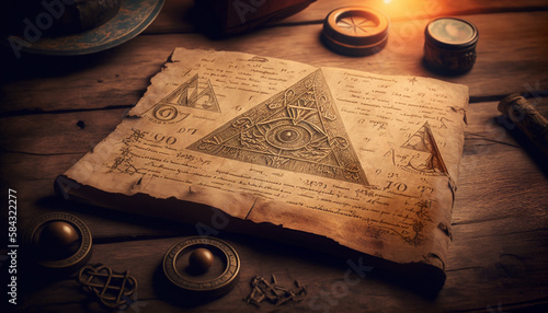 Mysterious ancient illuminati occult manuscript on wooden table created with Generative AI photo